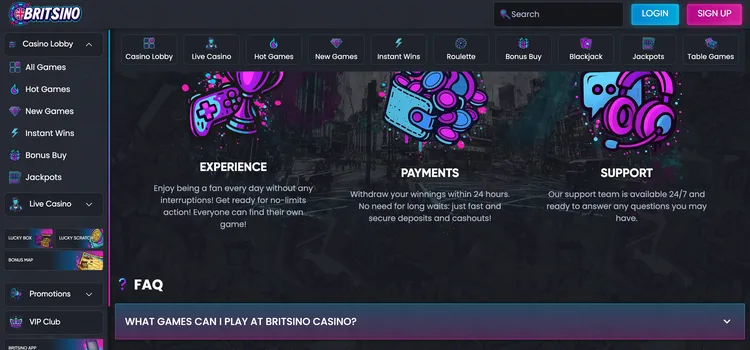 Britsino casino information panel covering payments, support and withdrawals