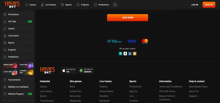 Hades Bet casino footer showing payment methods and site information links