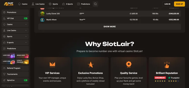 Slot Lair casino page explaining VIP services, promotions and game quality