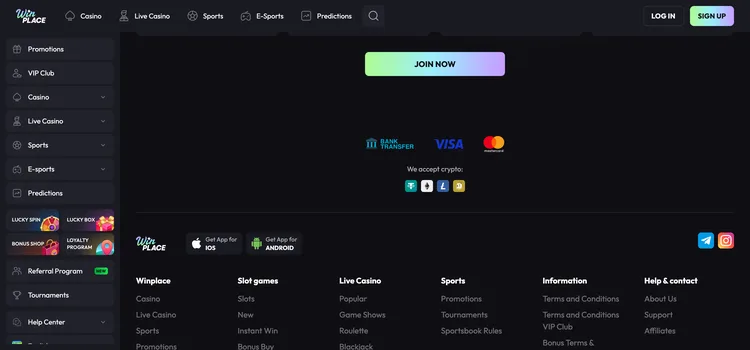 Win Place casino footer showing accepted payment methods and crypto options